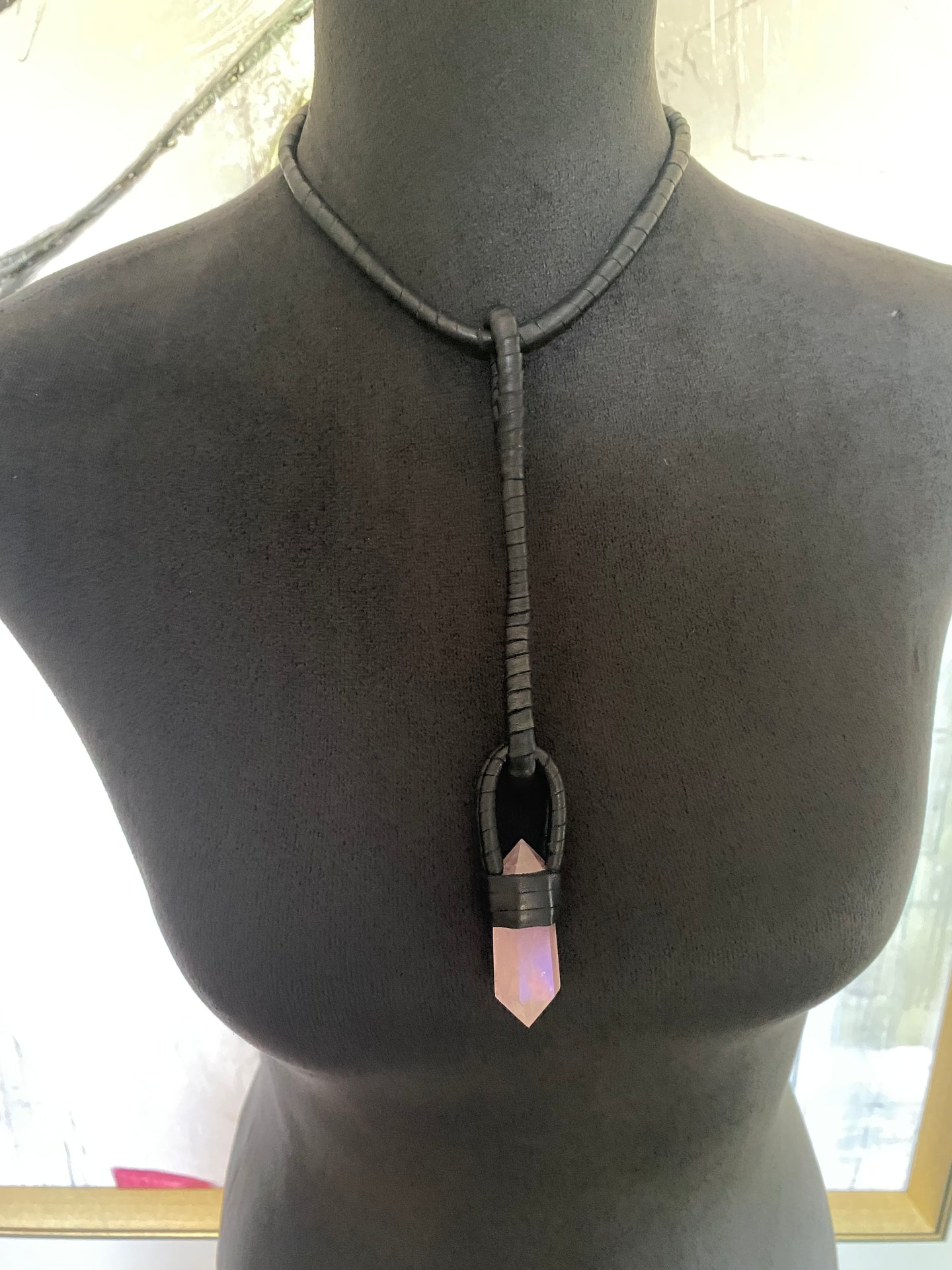 Black Leather & Rose Quartz Drop Necklace