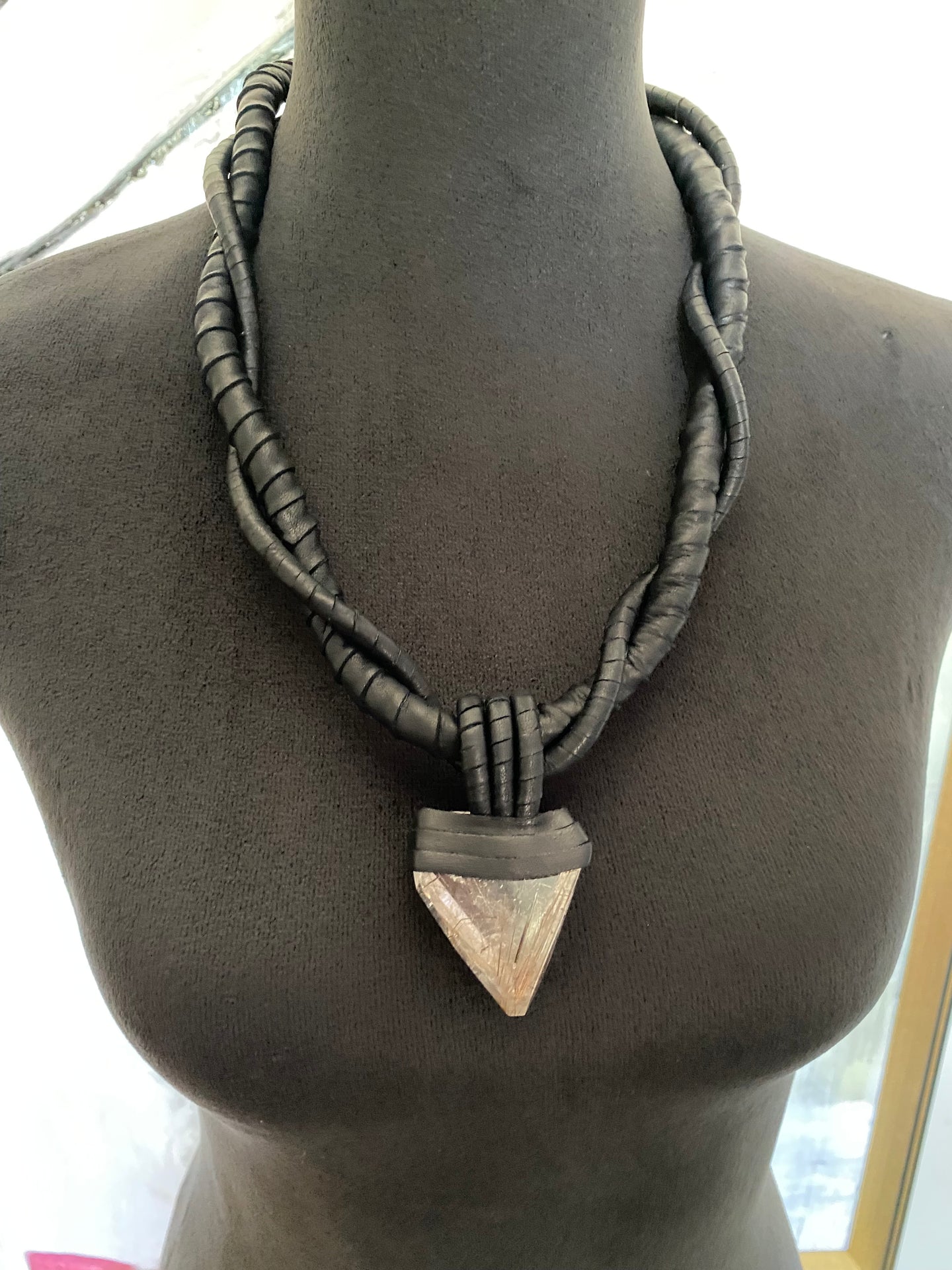 Black Leather & Rutilated Quartz Necklace