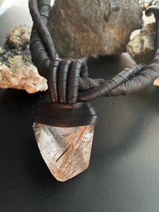 Black Leather & Rutilated Quartz Necklace