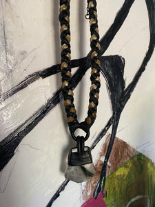Black Leather Braid & Crystal Necklace w/