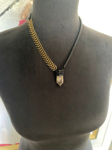 Antique Brass Spine Chain & Citrine Necklace w/ Leather