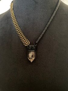 Antique Brass Spine Chain & Citrine Necklace w/ Leather