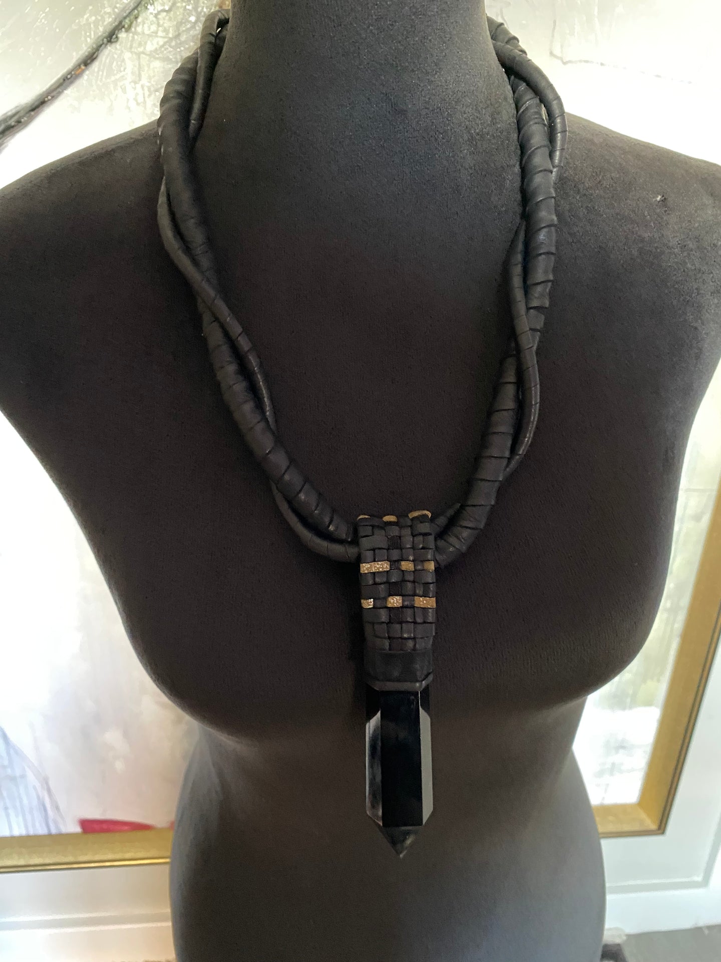 Black Leather & Black Obsidian Lattice Necklace