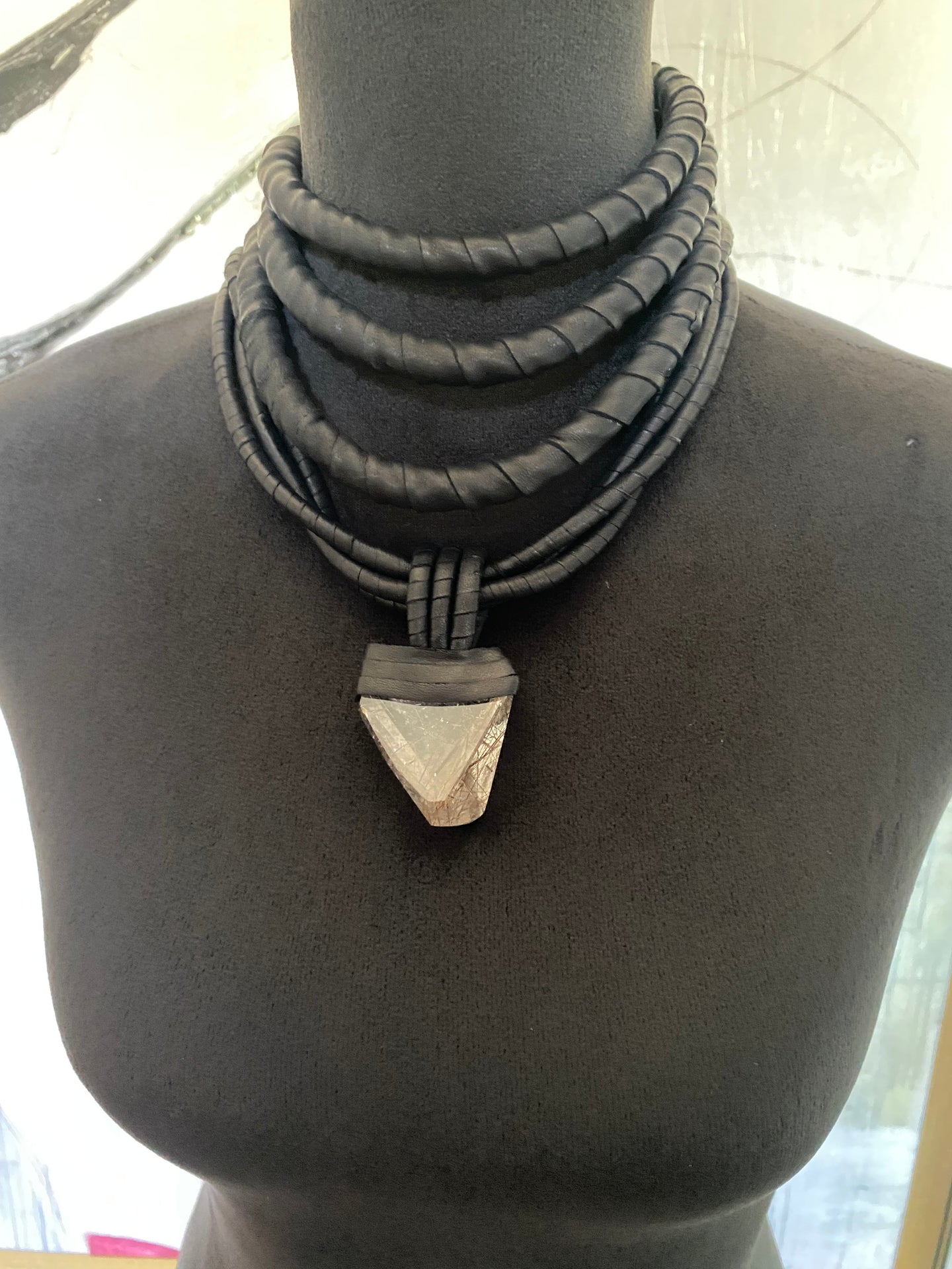 Black Leather Layered Necklace w/ Rutilated Quartz