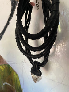 Black Leather Layered Necklace w/ Rutilated Quartz