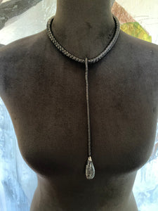 Black Leather Drop Necklace & Petite Quartz w/ Tourmaline