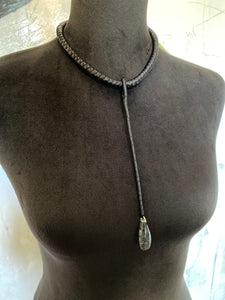 Black Leather Drop Necklace & Petite Quartz w/ Tourmaline