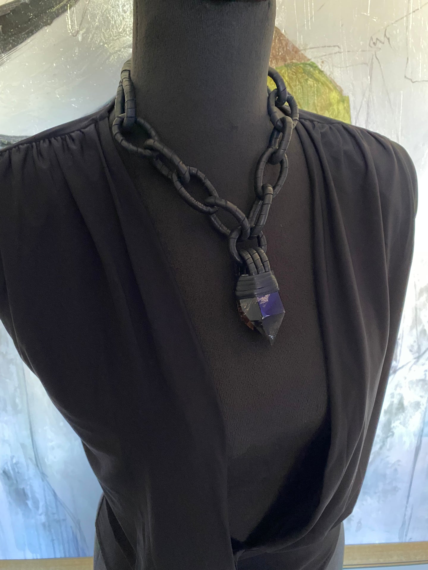 Black Leather Chain & Smokey Quartz Necklace