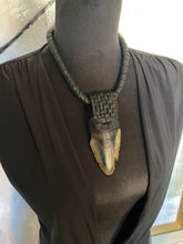 Load image into Gallery viewer, Leather &amp; Megaladon Tooth Lattice Necklace
