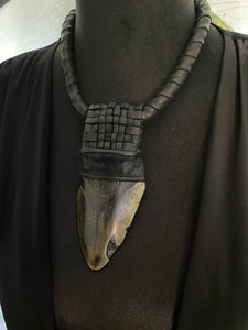 Leather & Megaladon Tooth Lattice Necklace