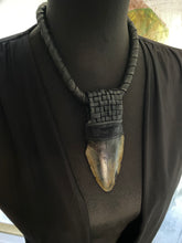 Load image into Gallery viewer, Black Leather &amp; Megaladon Tooth Lattice Necklace