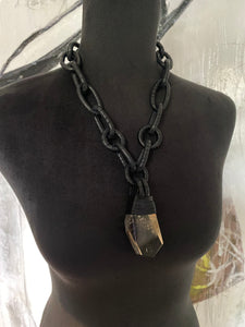 A Black Leather & Rutilated Quartz Necklace