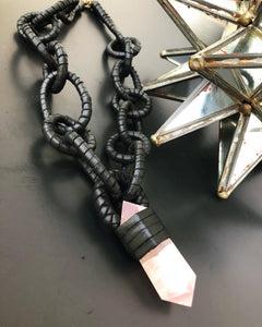 Black Leather Chain & Rose Quartz Necklace