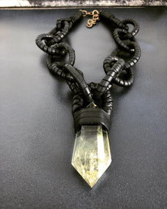 A Black Leather Chain Necklace w/ Citrine