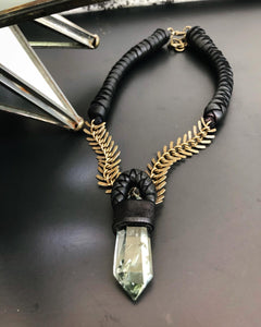 Antique Brass Chain & Prasiolite Quartz Necklace w/ Leather