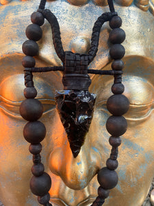 Black Bead & Obsidian Necklace w/ Leather
