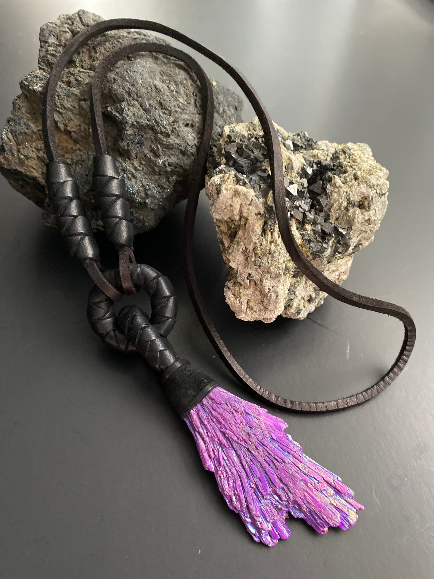 Leather & Aura Kyanite Necklace