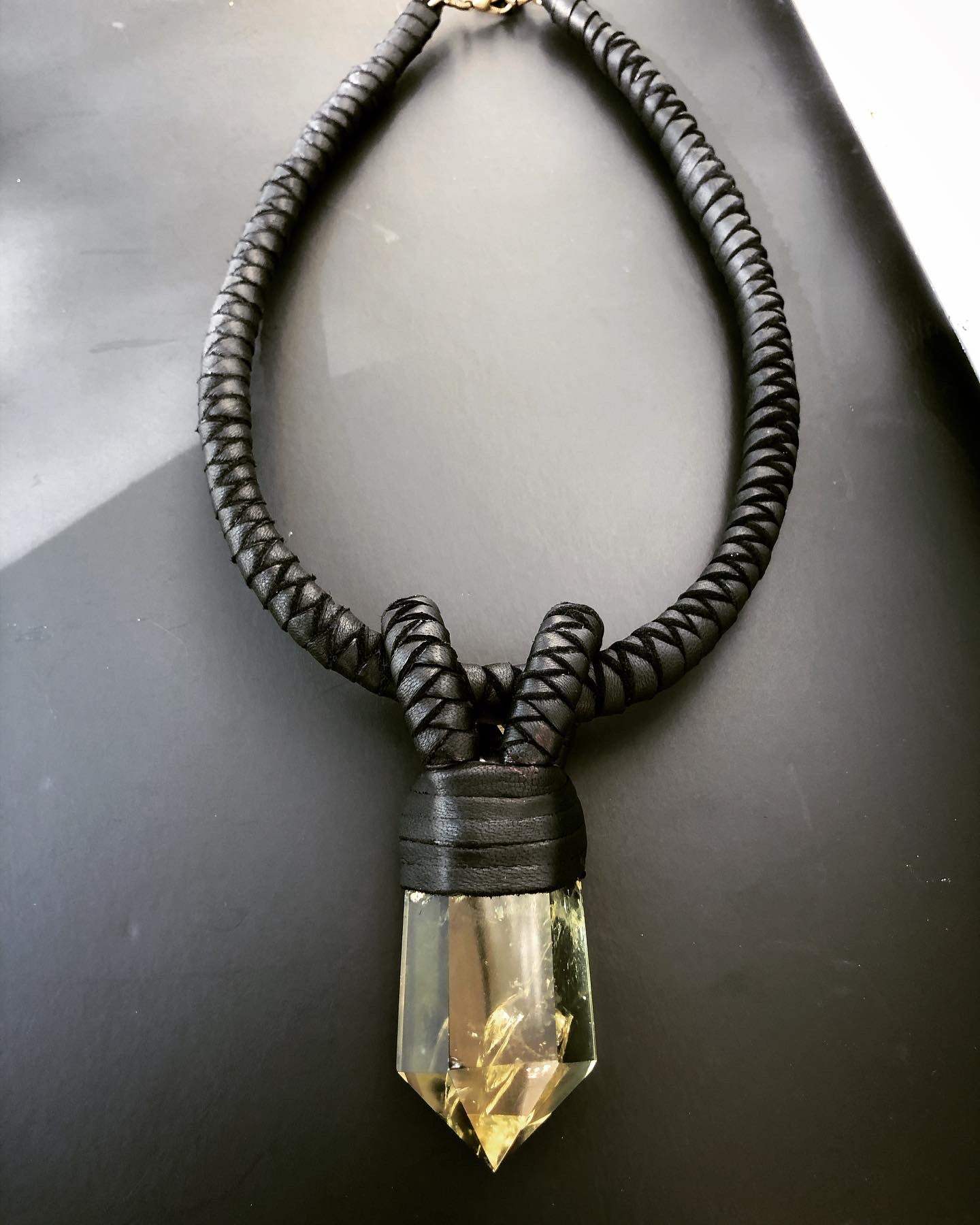 A Black Leather & Citrine Necklace