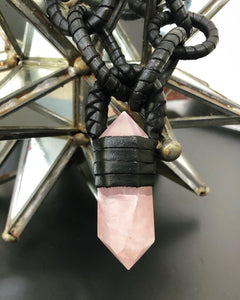 Black Leather Chain & Rose Quartz Necklace