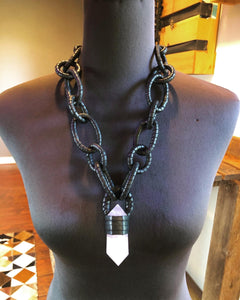 Black Leather Chain & Rose Quartz Necklace