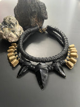 Load image into Gallery viewer, Black Leather &amp; Black Obsidian Choker Necklace