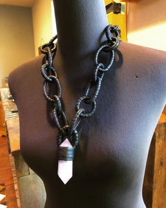 Black Leather Chain & Rose Quartz Necklace