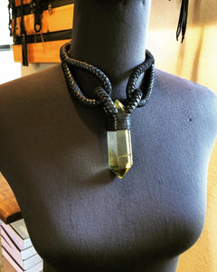 Black Leather & Citrine Choker Necklace